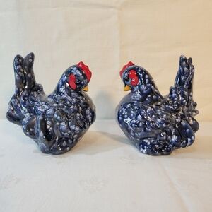 Vintage Pair of two: Ceramic Blue Speckled Hens Figurines Farm Kitchen Decor